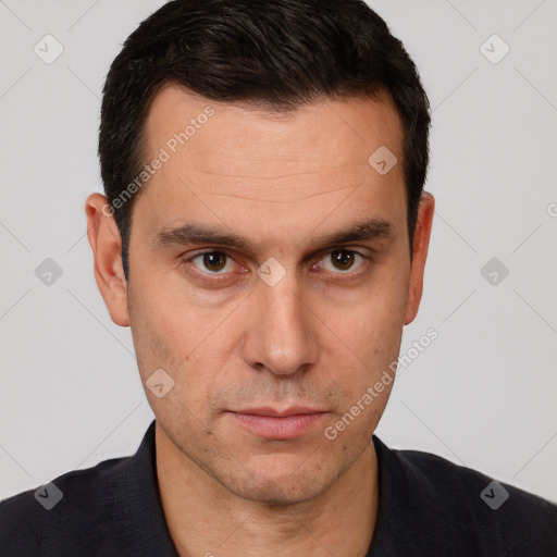 Neutral white adult male with short  brown hair and brown eyes