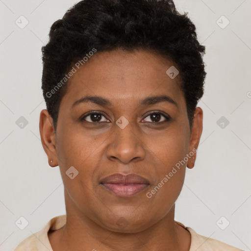 Joyful black young-adult female with short  brown hair and brown eyes