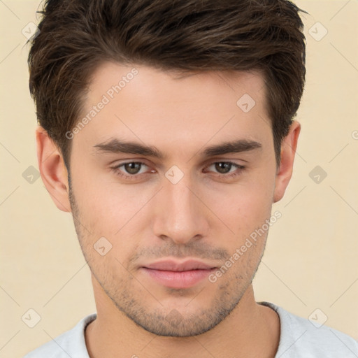 Neutral white young-adult male with short  brown hair and brown eyes