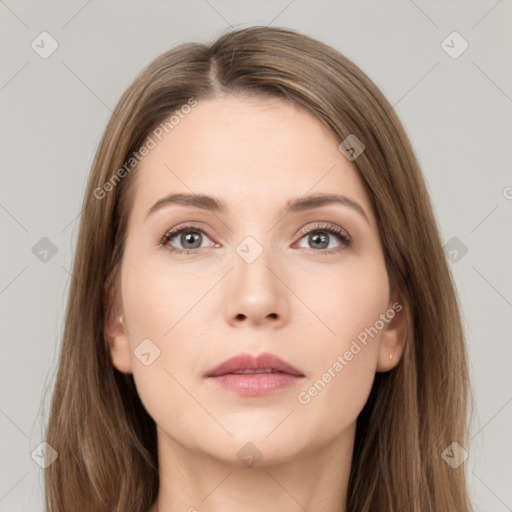 Neutral white young-adult female with long  brown hair and grey eyes