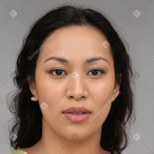 Joyful asian young-adult female with medium  brown hair and brown eyes