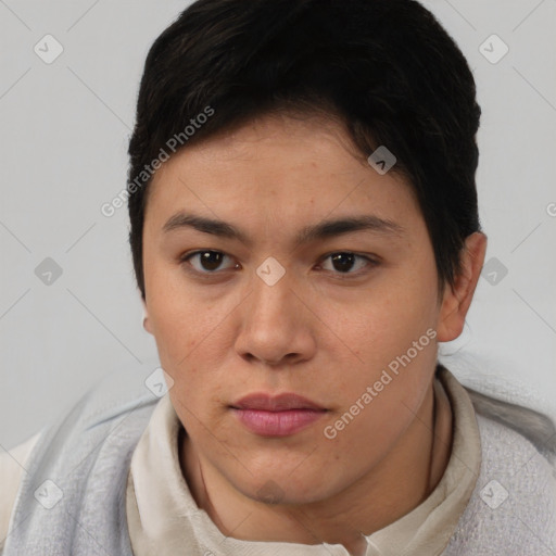 Neutral white young-adult female with short  brown hair and brown eyes