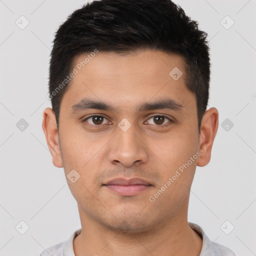 Neutral white young-adult male with short  brown hair and brown eyes