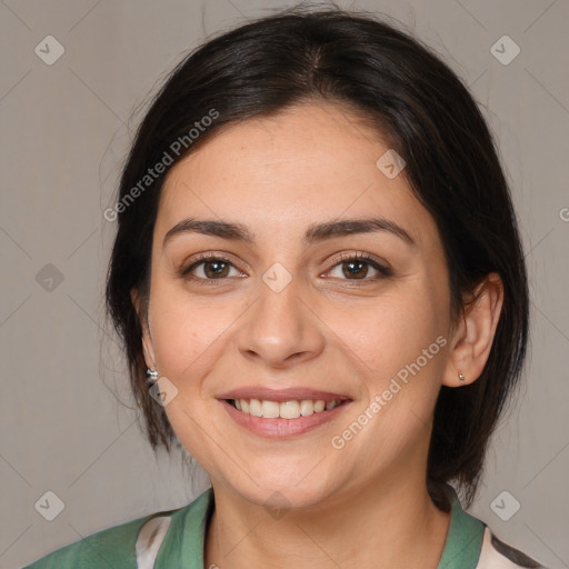 Joyful white young-adult female with medium  brown hair and brown eyes