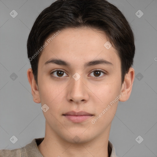 Neutral white young-adult male with short  brown hair and brown eyes