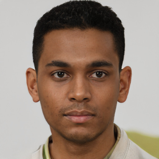 Neutral black young-adult male with short  black hair and brown eyes