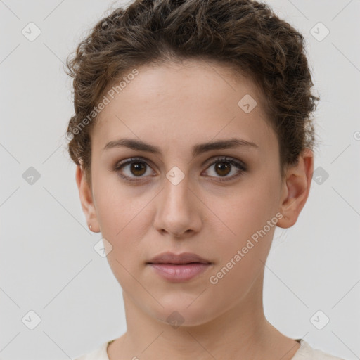 Neutral white young-adult female with short  brown hair and brown eyes