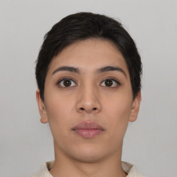 Neutral asian young-adult female with short  brown hair and brown eyes