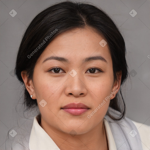 Joyful asian young-adult female with medium  brown hair and brown eyes