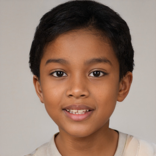 Joyful latino child female with short  brown hair and brown eyes