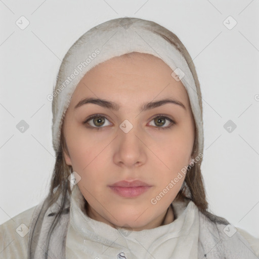 Neutral white young-adult female with medium  brown hair and brown eyes