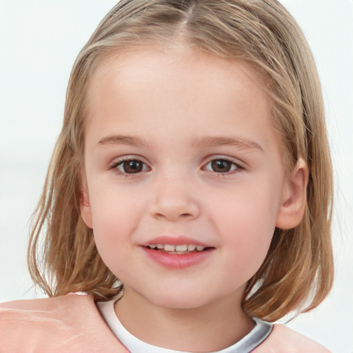 Joyful white child female with medium  brown hair and brown eyes