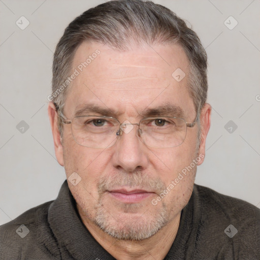 Neutral white middle-aged male with short  brown hair and brown eyes