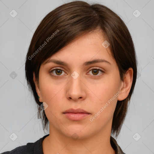 Neutral white young-adult female with medium  brown hair and brown eyes