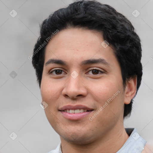 Joyful white young-adult male with short  black hair and brown eyes