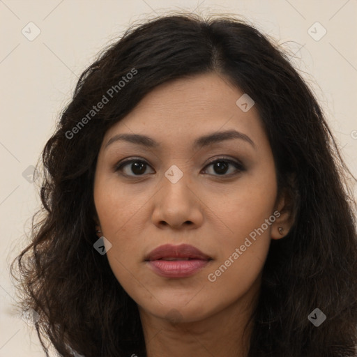 Joyful asian young-adult female with long  brown hair and brown eyes