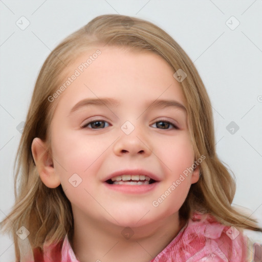 Joyful white child female with medium  brown hair and blue eyes