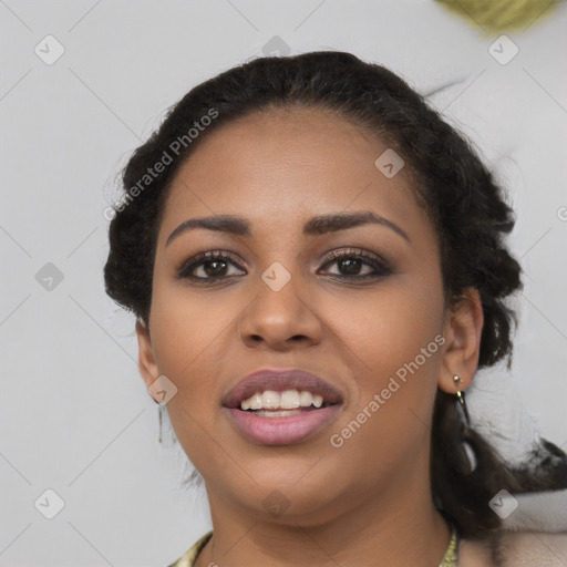 Joyful latino young-adult female with medium  black hair and brown eyes