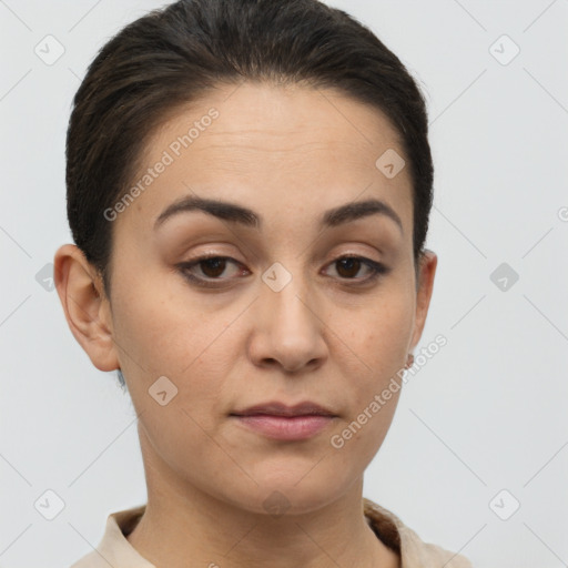 Joyful white young-adult female with short  brown hair and brown eyes