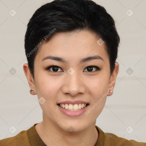 Joyful asian young-adult female with short  brown hair and brown eyes