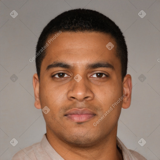 Neutral latino young-adult male with short  black hair and brown eyes