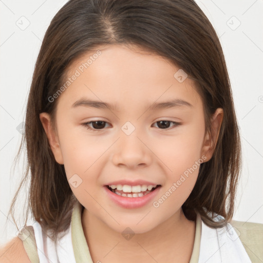 Joyful white child female with medium  brown hair and brown eyes