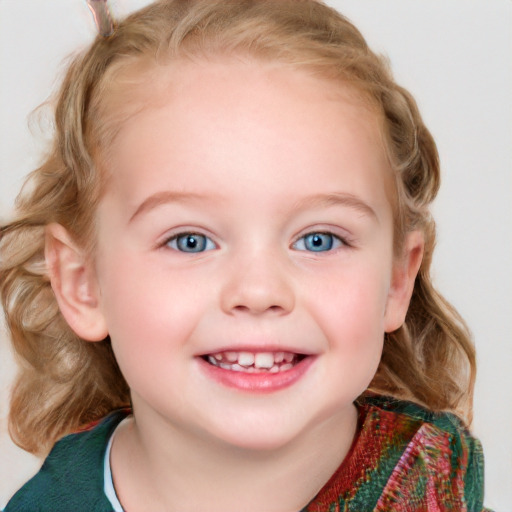 Joyful white child female with medium  brown hair and blue eyes