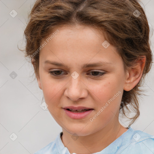 Joyful white child female with medium  brown hair and brown eyes