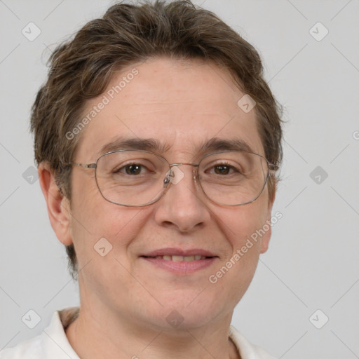 Joyful white adult male with short  brown hair and grey eyes