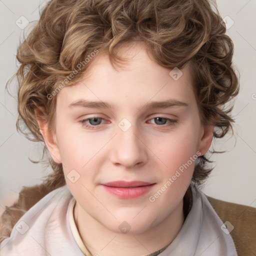 Joyful white child female with medium  brown hair and blue eyes