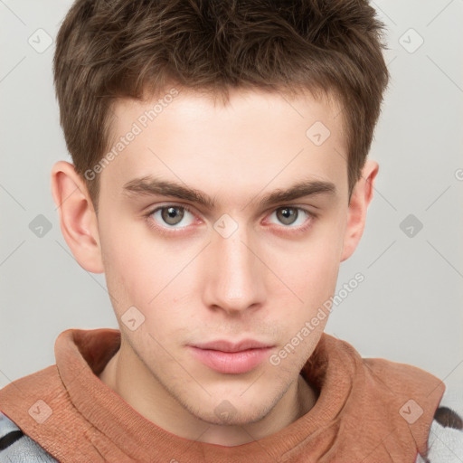 Neutral white young-adult male with short  brown hair and grey eyes