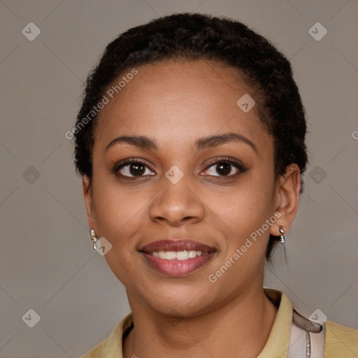 Joyful latino young-adult female with short  brown hair and brown eyes