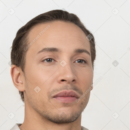 Neutral white young-adult male with short  brown hair and brown eyes