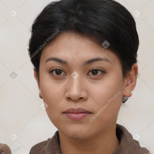 Neutral asian young-adult female with short  brown hair and brown eyes