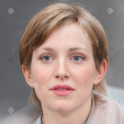 Neutral white young-adult female with medium  brown hair and blue eyes