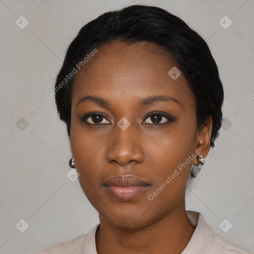 Neutral black young-adult female with short  black hair and brown eyes