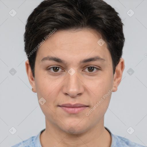 Joyful white young-adult female with short  brown hair and brown eyes