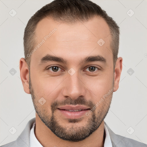 Joyful white young-adult male with short  brown hair and brown eyes