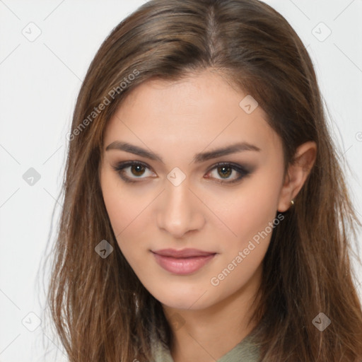 Neutral white young-adult female with long  brown hair and brown eyes