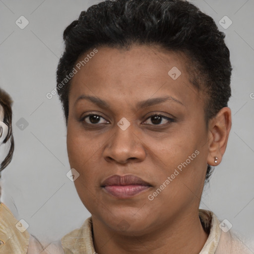 Joyful latino young-adult female with short  brown hair and brown eyes