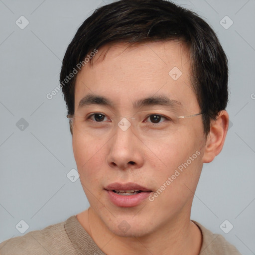 Neutral asian young-adult male with short  brown hair and brown eyes