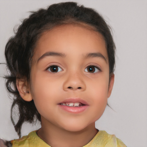 Joyful white child female with medium  brown hair and brown eyes