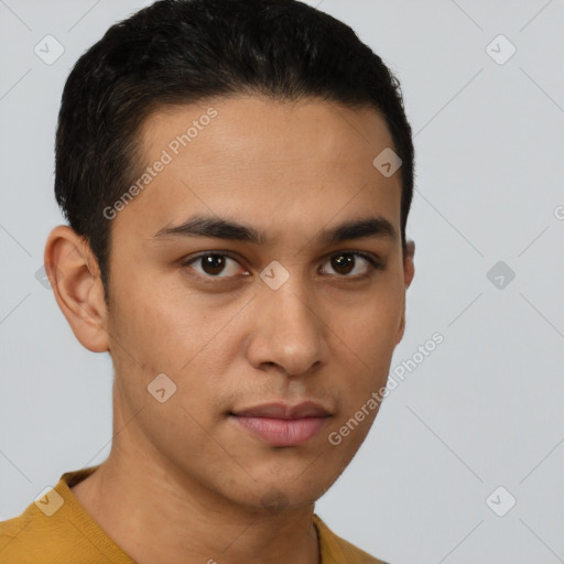 Neutral latino young-adult male with short  brown hair and brown eyes