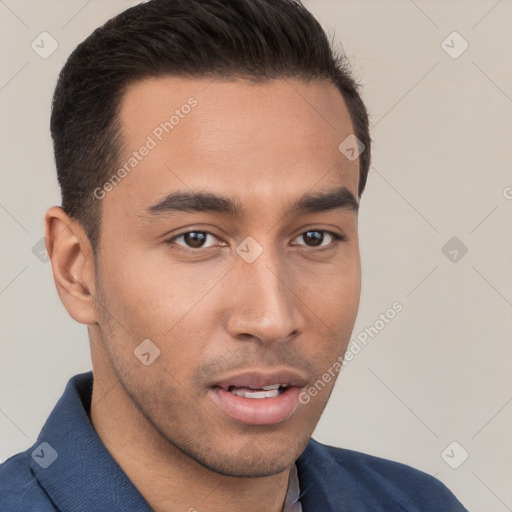 Neutral white young-adult male with short  brown hair and brown eyes