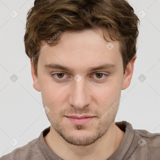 Neutral white young-adult male with short  brown hair and grey eyes