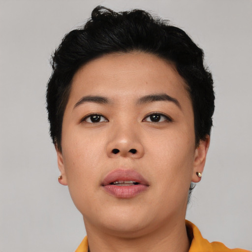 Neutral asian young-adult female with short  black hair and brown eyes