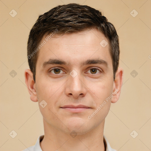 Neutral white young-adult male with short  brown hair and brown eyes