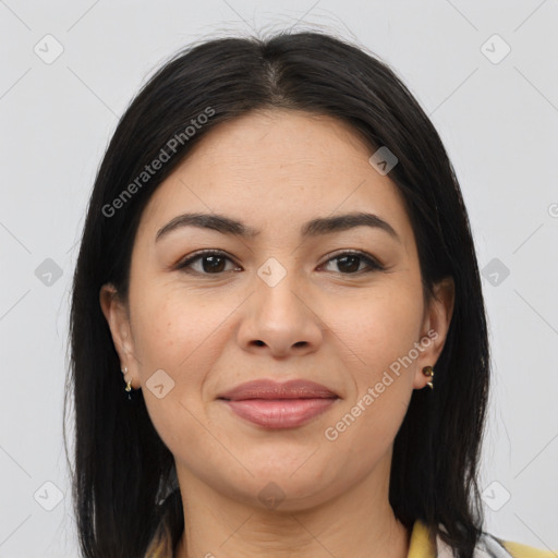 Joyful asian young-adult female with medium  brown hair and brown eyes