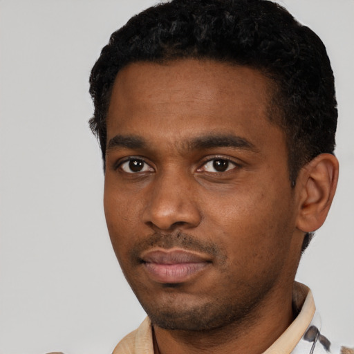 Neutral black young-adult male with short  black hair and brown eyes