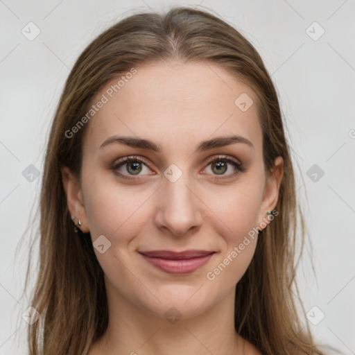 Joyful white young-adult female with long  brown hair and green eyes